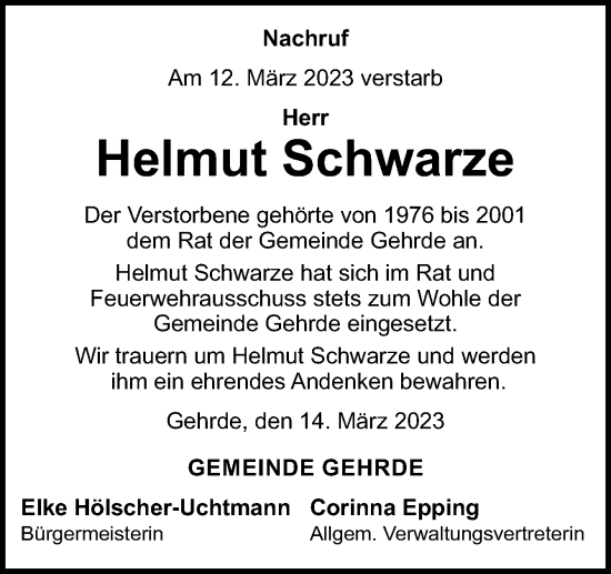 Traueranzeige von Helmut Schwarze von Neue Osnabrücker Zeitung GmbH & Co. KG