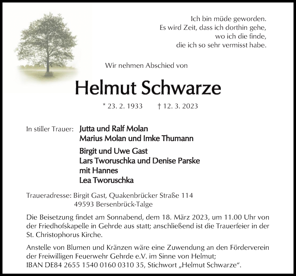  Traueranzeige für Helmut Schwarze vom 15.03.2023 aus Neue Osnabrücker Zeitung GmbH & Co. KG
