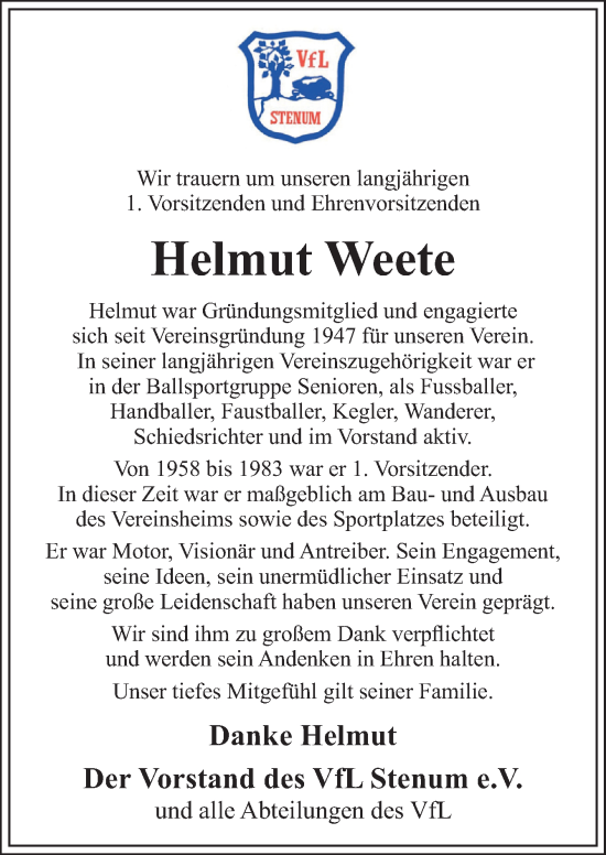 Traueranzeige von Helmut Weete von DK Medien GmbH & Co. KG