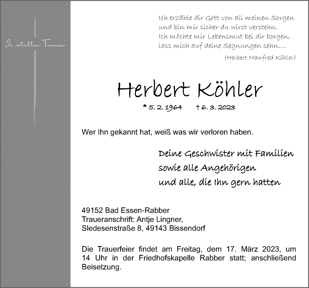  Traueranzeige für Herbert Köhler vom 14.03.2023 aus Neue Osnabrücker Zeitung GmbH & Co. KG