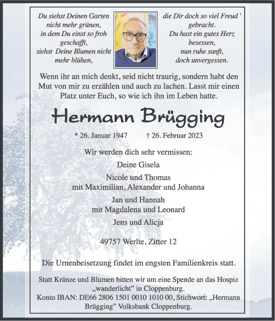 Traueranzeige von Hermann Brügging von Neue Osnabrücker Zeitung GmbH & Co. KG
