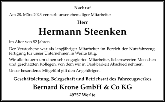 Traueranzeige von Hermann Steenken von Neue Osnabrücker Zeitung GmbH & Co. KG