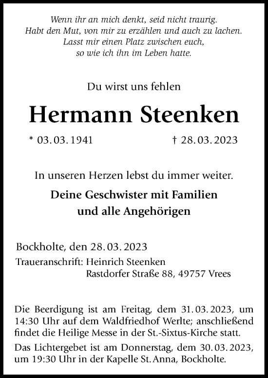 Traueranzeige von Hermann Steenken von Neue Osnabrücker Zeitung GmbH & Co. KG