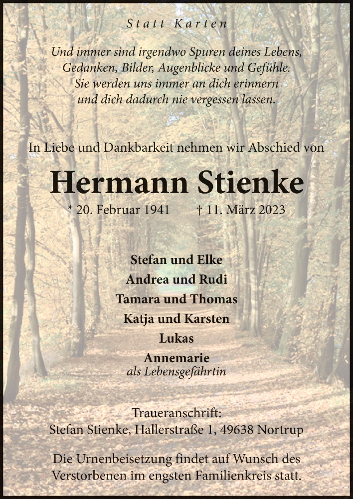  Traueranzeige für Hermann Stienke vom 16.03.2023 aus Neue Osnabrücker Zeitung GmbH & Co. KG