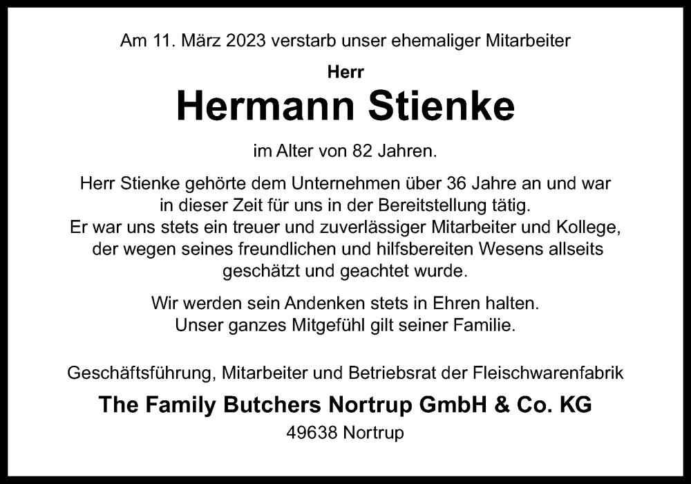  Traueranzeige für Hermann Stienke vom 17.03.2023 aus Neue Osnabrücker Zeitung GmbH & Co. KG