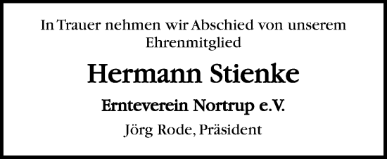 Traueranzeige von Hermann Stienke von Neue Osnabrücker Zeitung GmbH & Co. KG