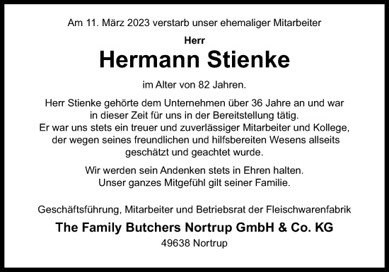 Traueranzeige von Hermann Stienke von Neue Osnabrücker Zeitung GmbH & Co. KG