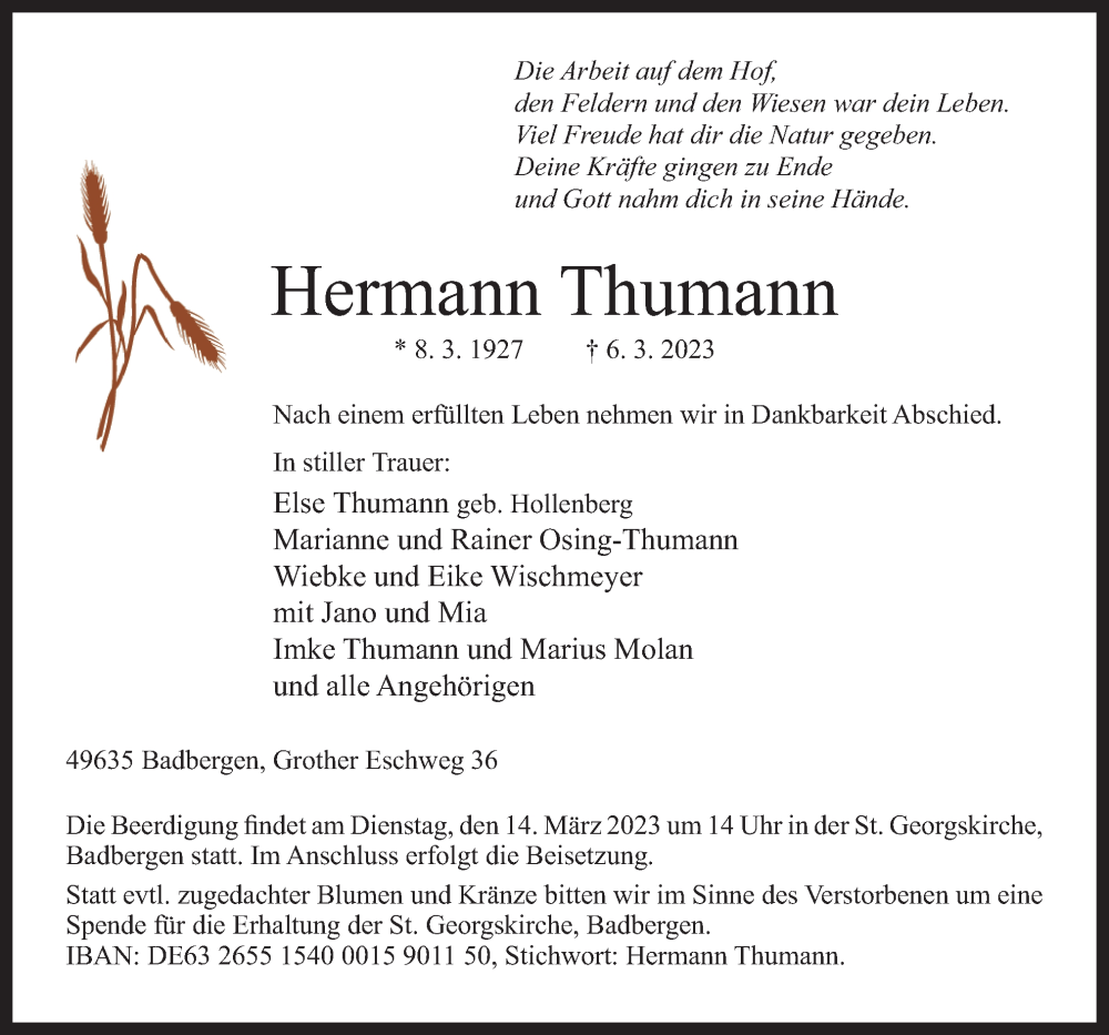  Traueranzeige für Hermann Thumann vom 09.03.2023 aus Neue Osnabrücker Zeitung GmbH & Co. KG