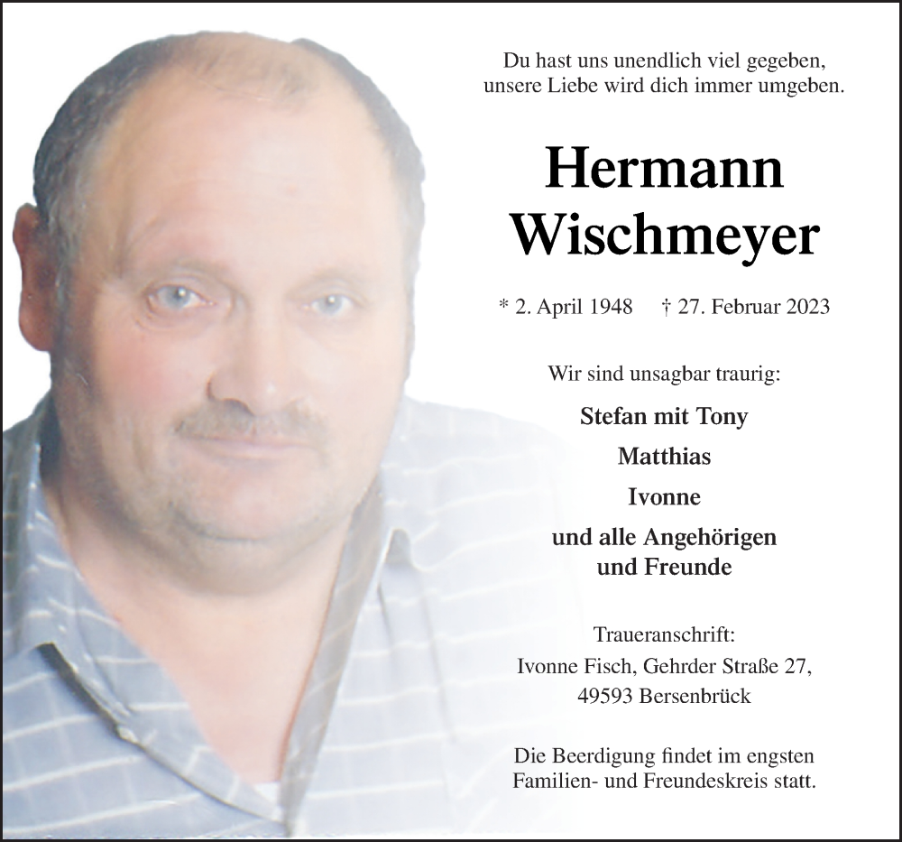  Traueranzeige für Hermann Wischmeyer vom 18.03.2023 aus Neue Osnabrücker Zeitung GmbH & Co. KG