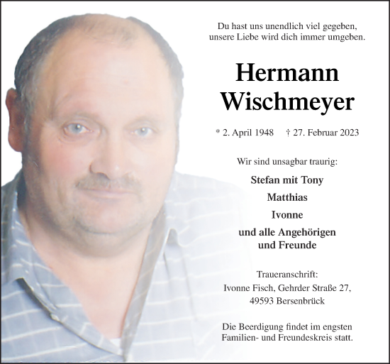 Traueranzeige von Hermann Wischmeyer von Neue Osnabrücker Zeitung GmbH & Co. KG