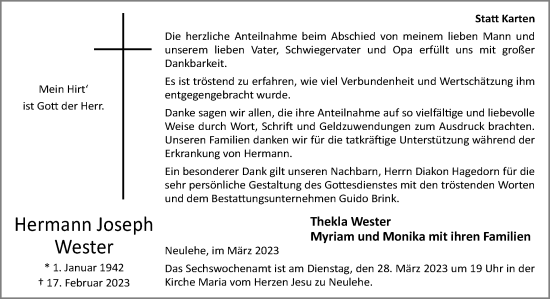 Traueranzeige von Hermann Joseph Wester von Neue Osnabrücker Zeitung GmbH & Co. KG