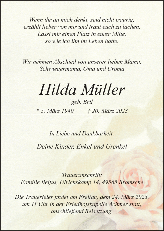 Traueranzeige von Hilda Müller von Neue Osnabrücker Zeitung GmbH & Co. KG
