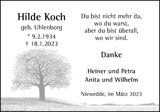 Traueranzeige von Hilde Koch von Neue Osnabrücker Zeitung GmbH & Co. KG