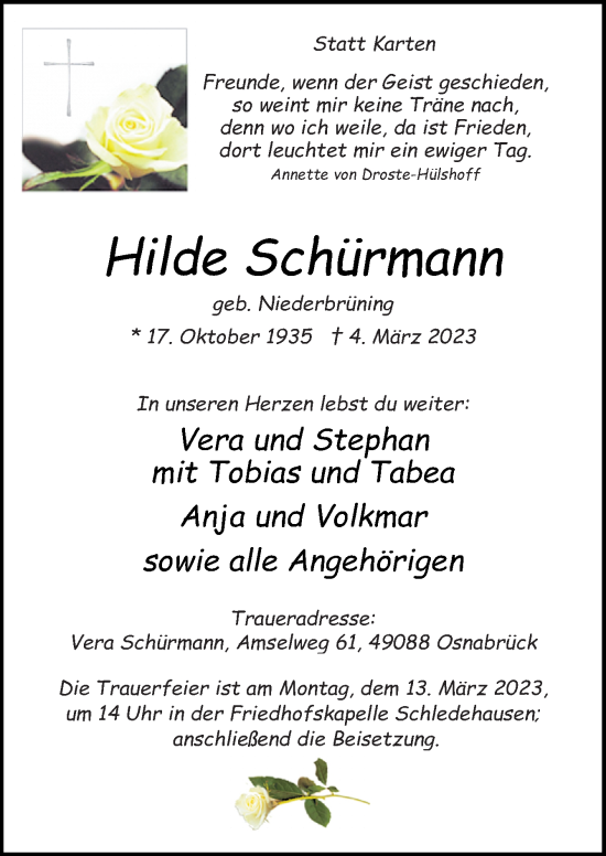 Traueranzeige von Hilde Schürmann von Neue Osnabrücker Zeitung GmbH & Co. KG