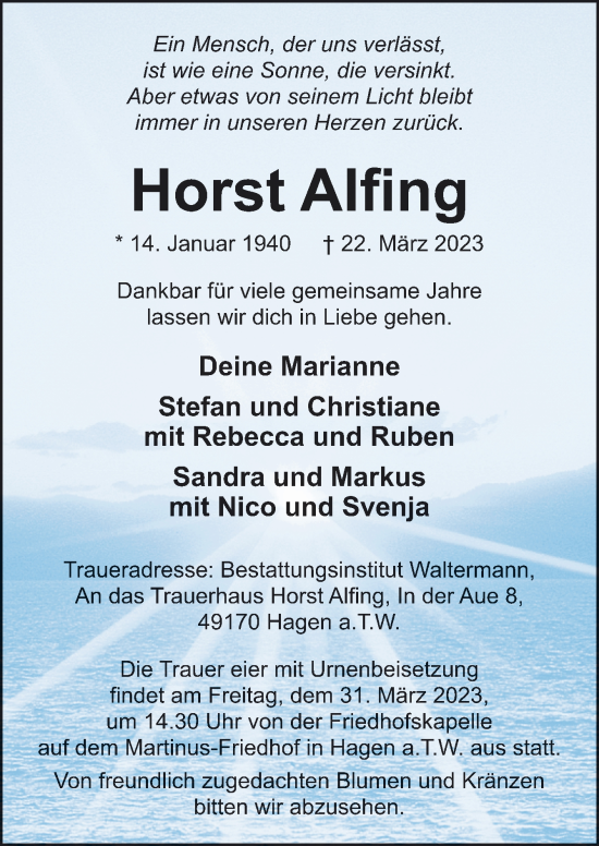 Traueranzeige von Horst Alfing von Neue Osnabrücker Zeitung GmbH & Co. KG