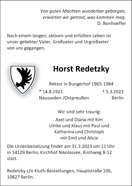 Traueranzeige von Horst Redetzky von DK Medien GmbH & Co. KG