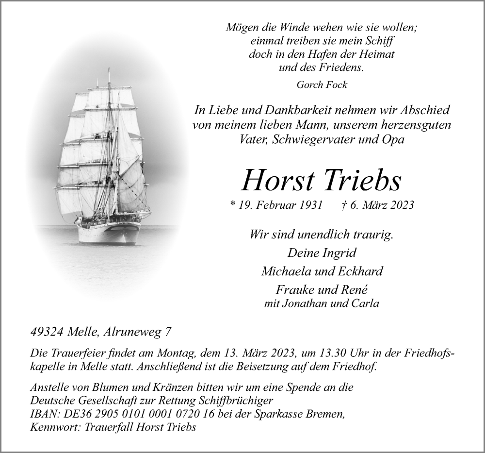  Traueranzeige für Horst Triebs vom 11.03.2023 aus Neue Osnabrücker Zeitung GmbH & Co. KG