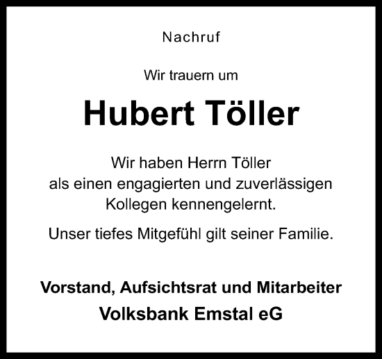 Traueranzeige von Hubert Töller von Neue Osnabrücker Zeitung GmbH & Co. KG