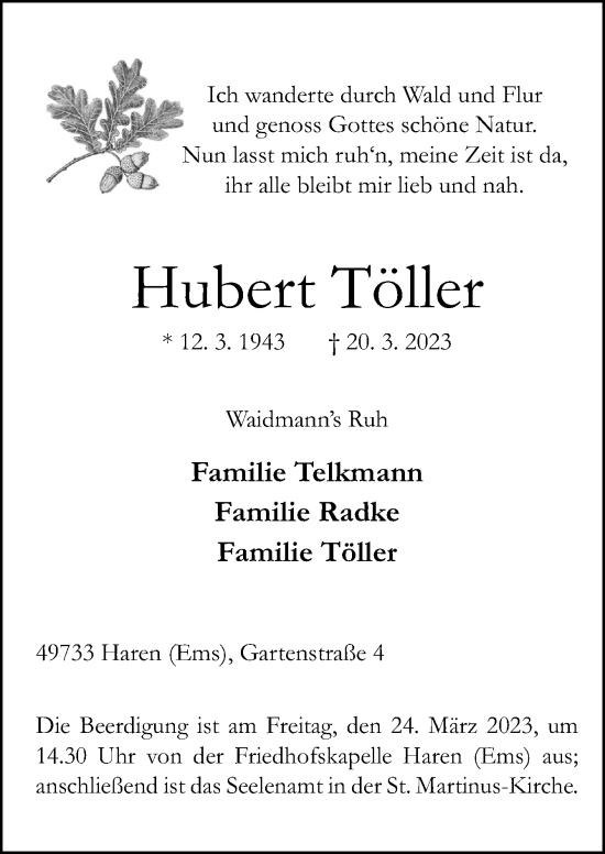 Traueranzeige von Hubert Töller von Neue Osnabrücker Zeitung GmbH & Co. KG
