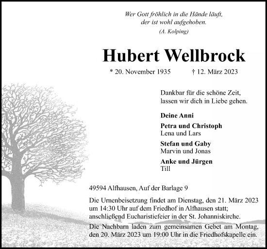 Traueranzeige von Hubert Wellbrock von Neue Osnabrücker Zeitung GmbH & Co. KG