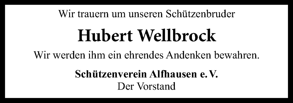  Traueranzeige für Hubert Wellbrock vom 18.03.2023 aus Neue Osnabrücker Zeitung GmbH & Co. KG