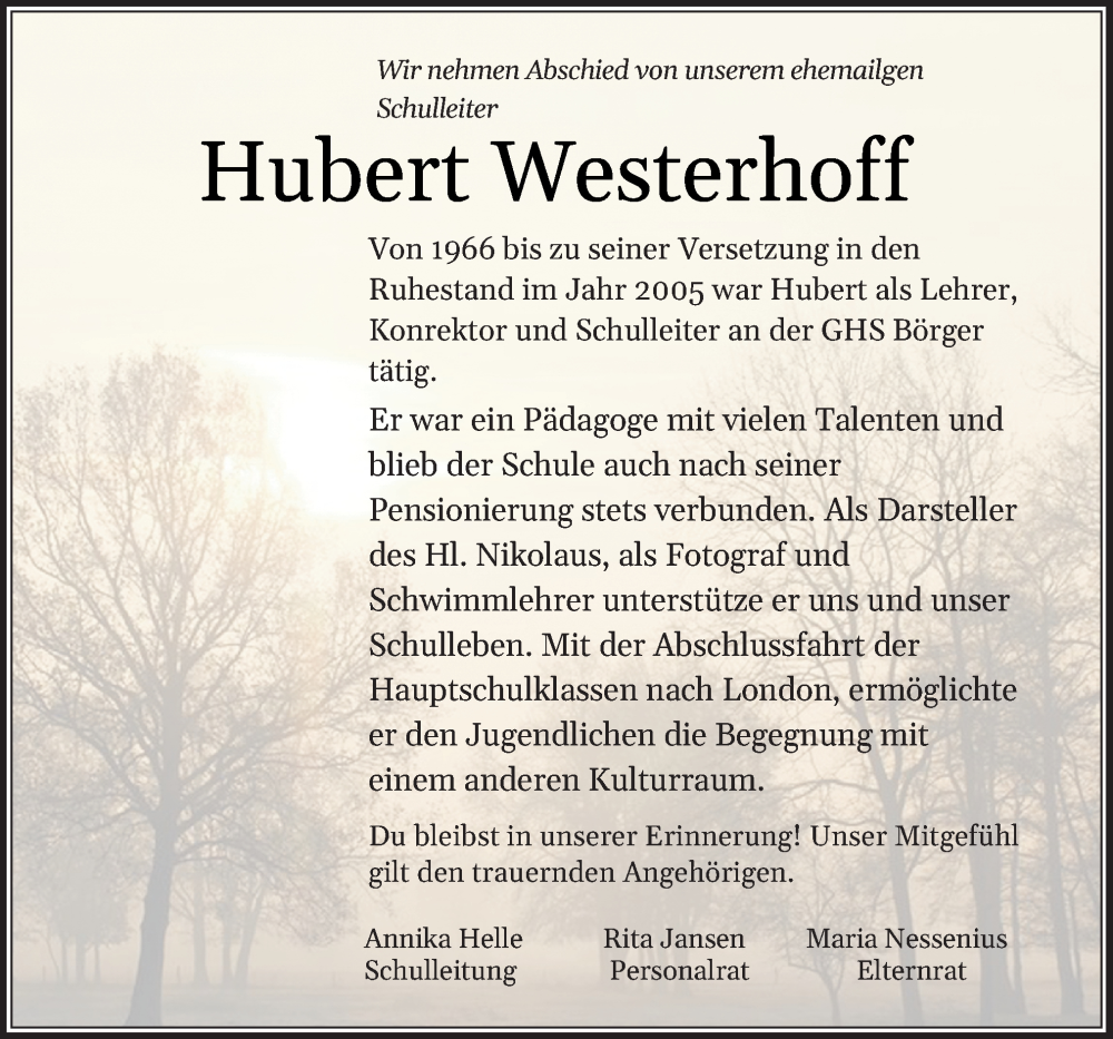  Traueranzeige für Hubert Westerhoff vom 22.03.2023 aus Neue Osnabrücker Zeitung GmbH & Co. KG