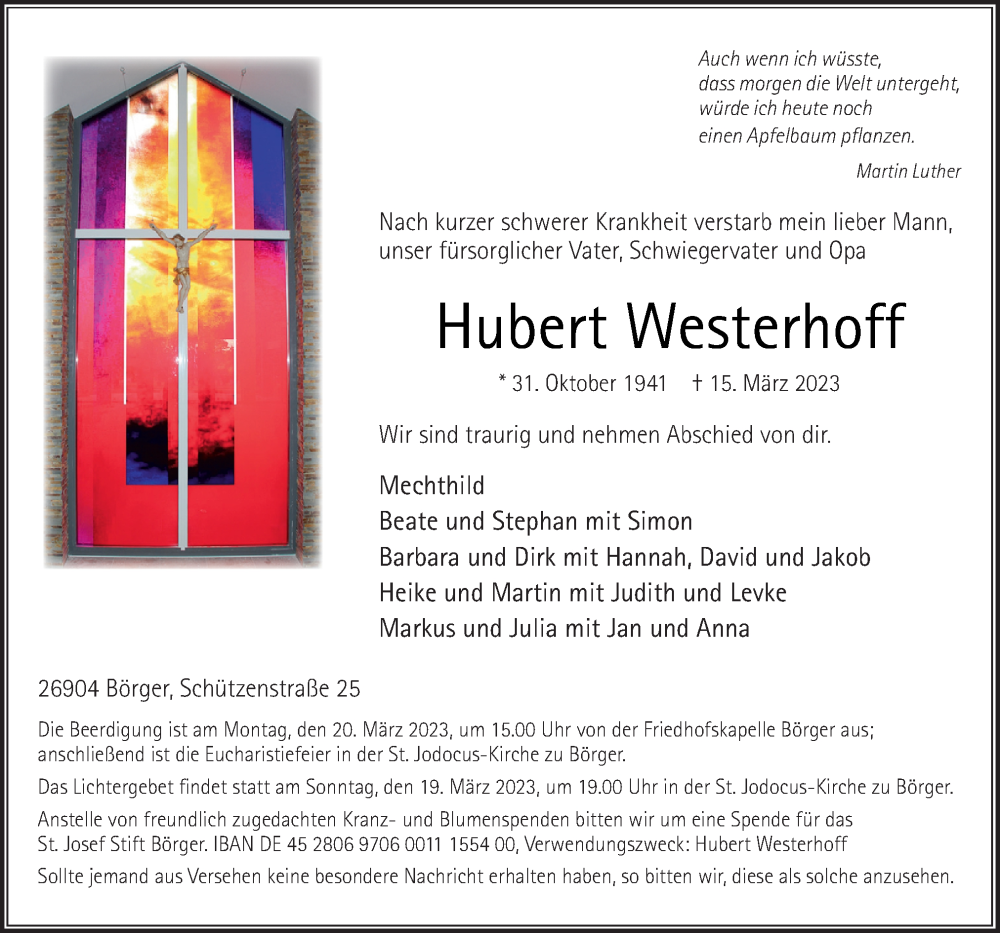  Traueranzeige für Hubert Westerhoff vom 17.03.2023 aus Neue Osnabrücker Zeitung GmbH & Co. KG