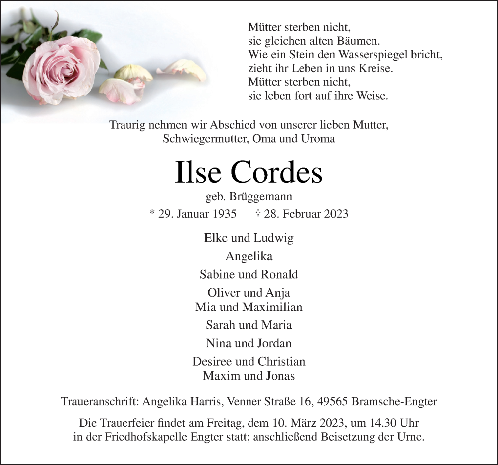  Traueranzeige für Ilse Cordes vom 04.03.2023 aus Neue Osnabrücker Zeitung GmbH & Co. KG