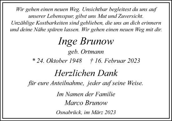 Traueranzeige von Inge Brunow von Neue Osnabrücker Zeitung GmbH & Co. KG