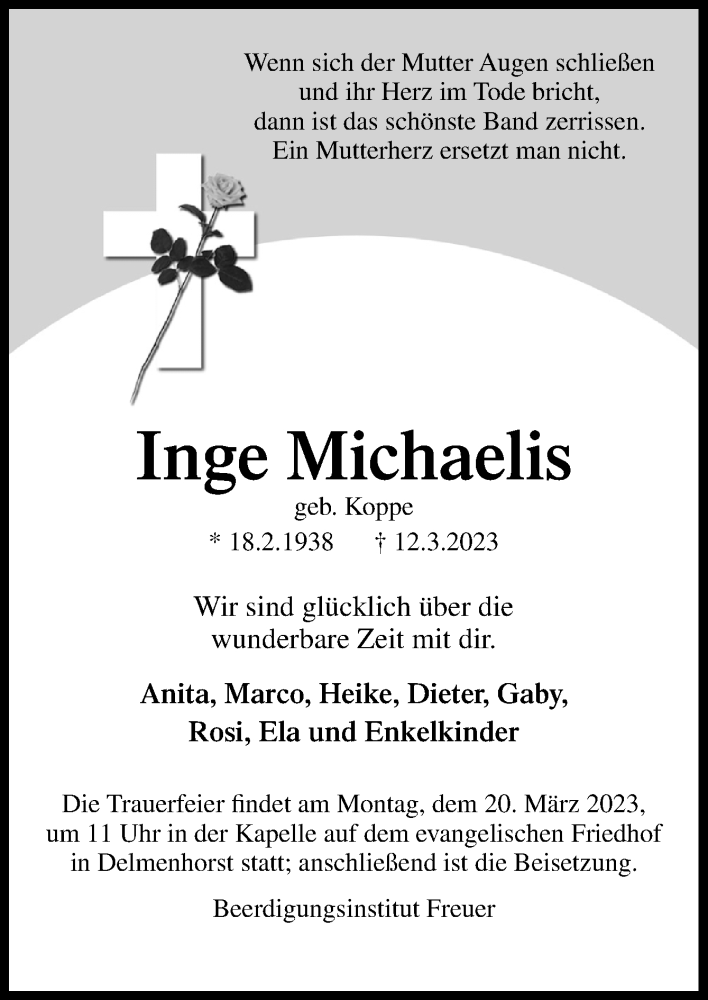  Traueranzeige für Inge Michaelis vom 18.03.2023 aus DK Medien GmbH & Co. KG