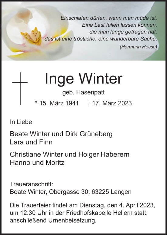 Traueranzeige von Inge Winter von Neue Osnabrücker Zeitung GmbH & Co. KG