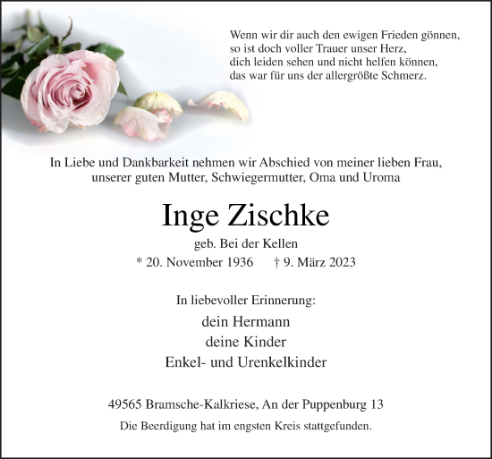 Traueranzeige von Inge Zischke von Neue Osnabrücker Zeitung GmbH & Co. KG