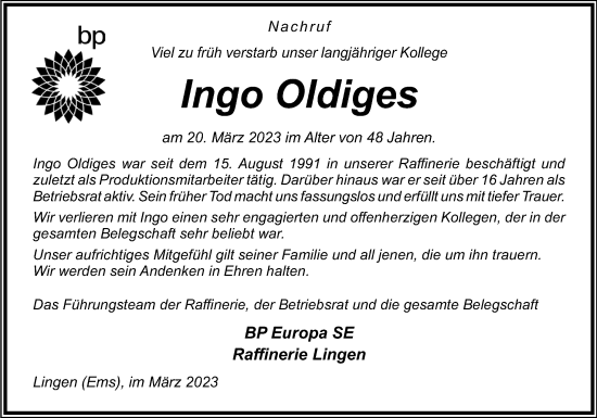Traueranzeige von Ingo Oldiges von Neue Osnabrücker Zeitung GmbH & Co. KG