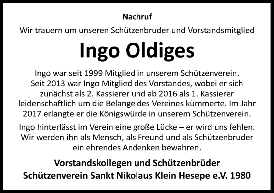 Traueranzeige von Ingo Oldiges von Neue Osnabrücker Zeitung GmbH & Co. KG