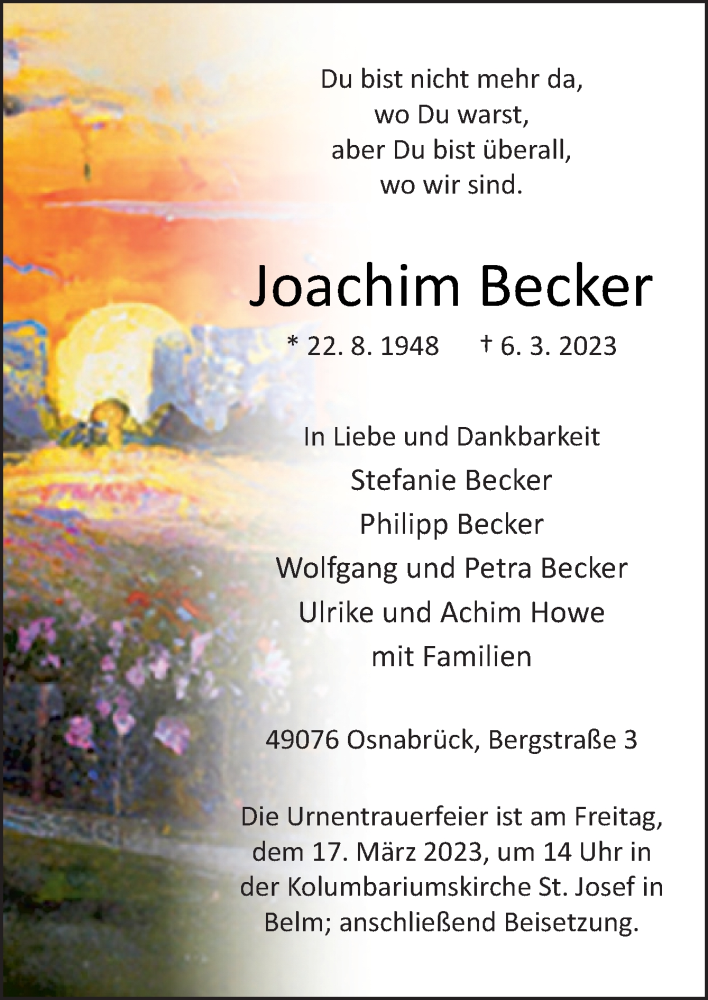  Traueranzeige für Joachim Becker vom 11.03.2023 aus Neue Osnabrücker Zeitung GmbH & Co. KG