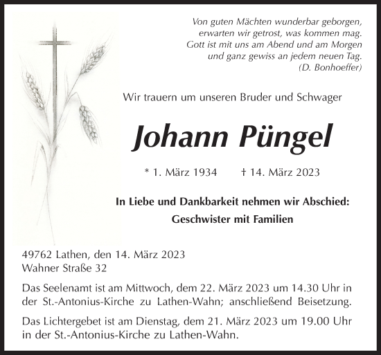 Traueranzeige von Johann Püngel von Neue Osnabrücker Zeitung GmbH & Co. KG