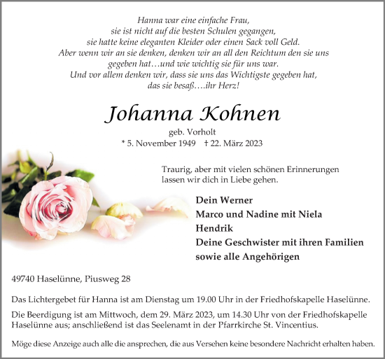 Traueranzeige von Johanna Kohnen von Neue Osnabrücker Zeitung GmbH & Co. KG