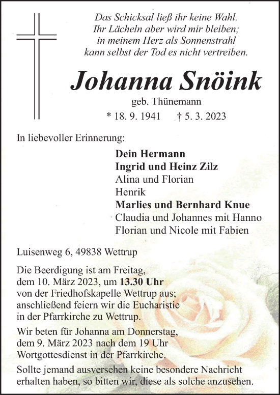 Traueranzeige von Johanna Snöink von Neue Osnabrücker Zeitung GmbH & Co. KG