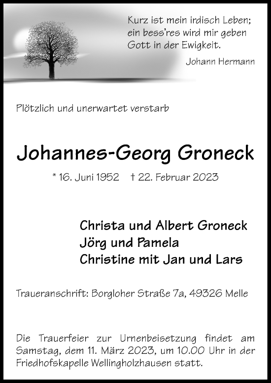 Traueranzeige von Johannes-Georg Groneck von Neue Osnabrücker Zeitung GmbH & Co. KG