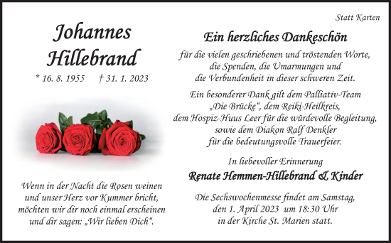 Traueranzeige von Johannes Hillebrand von Neue Osnabrücker Zeitung GmbH & Co. KG