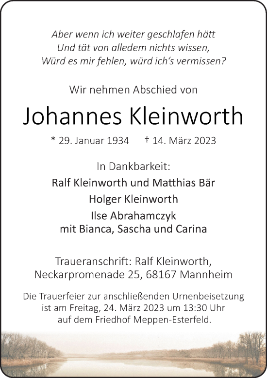 Traueranzeige von Johannes Kleinworth von Neue Osnabrücker Zeitung GmbH & Co. KG