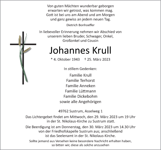 Traueranzeige von Johannes Krull von Neue Osnabrücker Zeitung GmbH & Co. KG