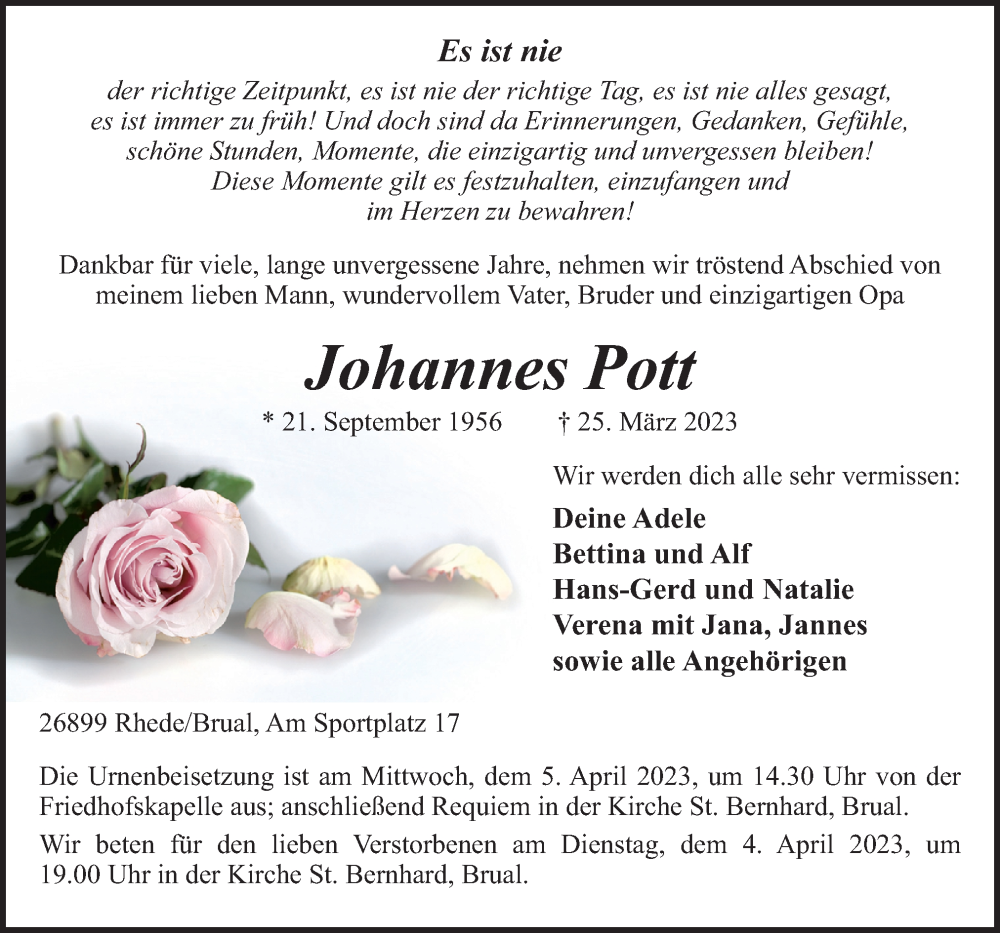  Traueranzeige für Johannes Pott vom 28.03.2023 aus Neue Osnabrücker Zeitung GmbH & Co. KG