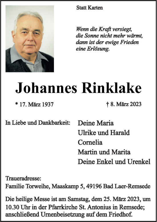 Traueranzeige von Johannes Rinklake von Neue Osnabrücker Zeitung GmbH & Co. KG