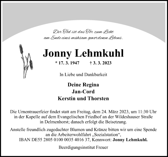 Traueranzeige von Jonny Lehmkuhl von DK Medien GmbH & Co. KG