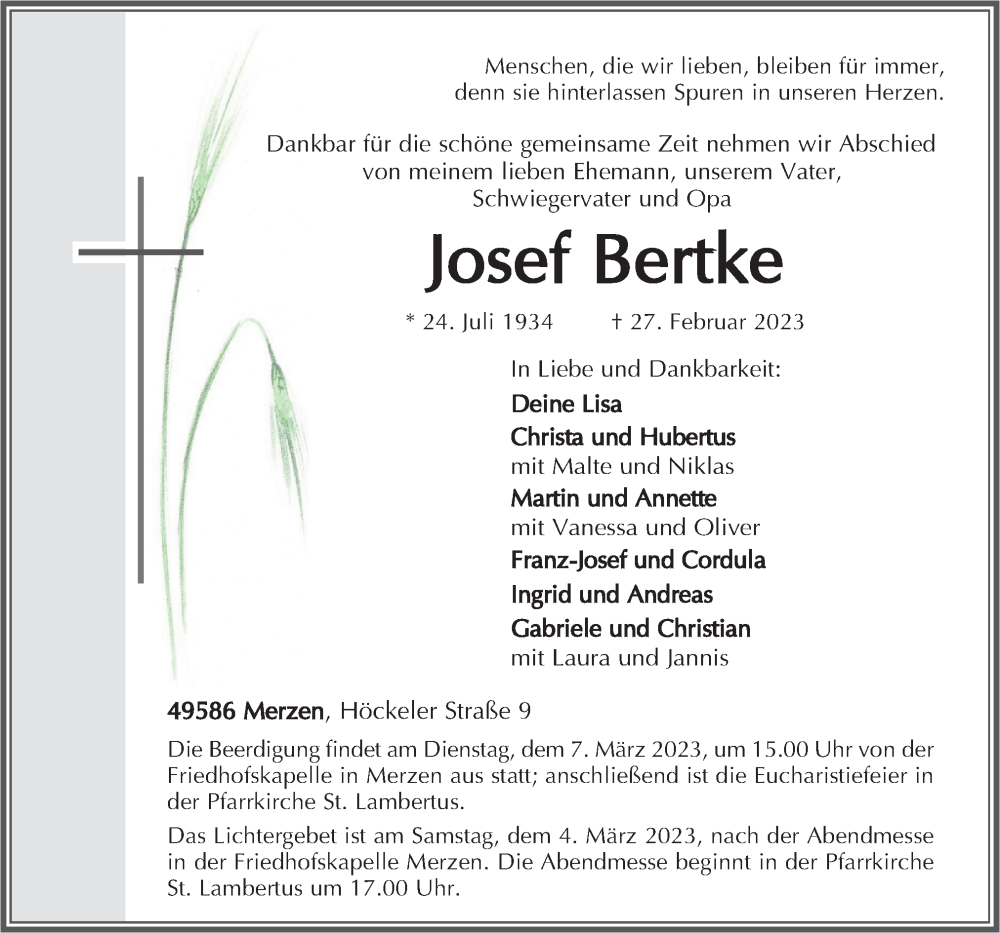  Traueranzeige für Josef Bertke vom 02.03.2023 aus Neue Osnabrücker Zeitung GmbH & Co. KG