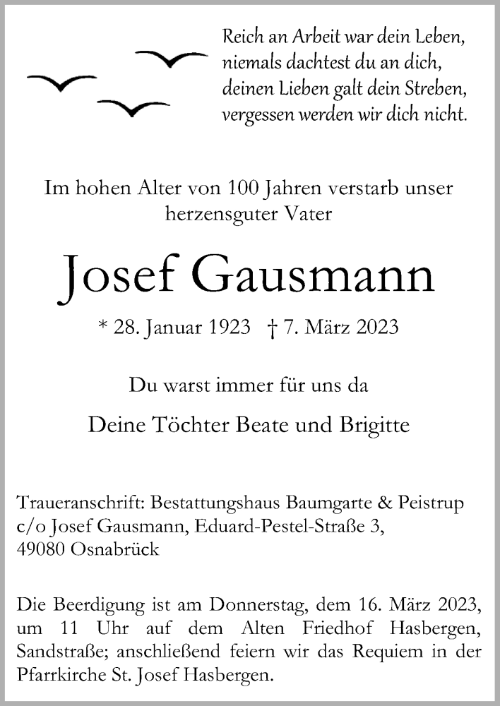  Traueranzeige für Josef Gausmann vom 11.03.2023 aus Neue Osnabrücker Zeitung GmbH & Co. KG