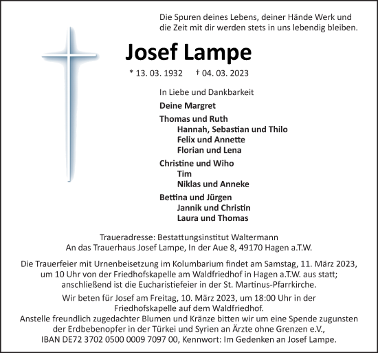 Traueranzeige von Josef Lampe von Neue Osnabrücker Zeitung GmbH & Co. KG