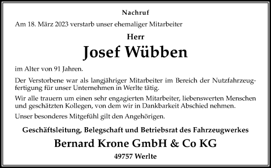 Traueranzeige von Josef Wübben von Neue Osnabrücker Zeitung GmbH & Co. KG