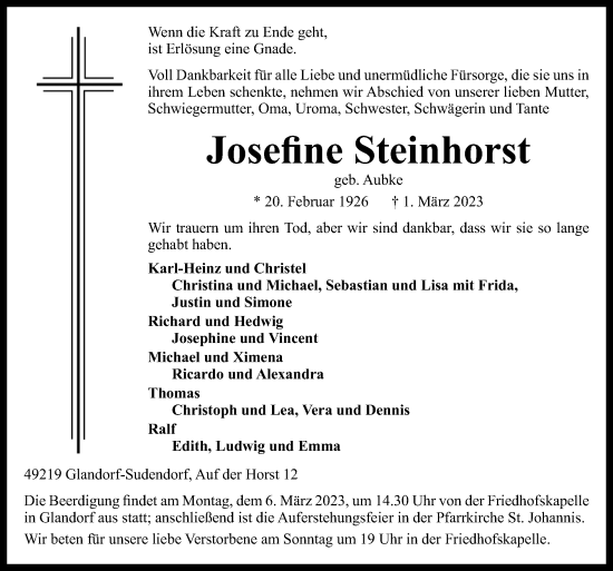 Traueranzeige von Josefine Steinhorst von Neue Osnabrücker Zeitung GmbH & Co. KG